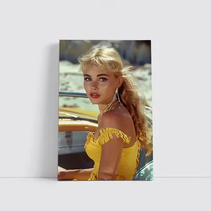 Blonde Woman Yellow Dress Retro Beach