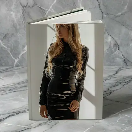Blonde Woman Black Latex Dress White Studio