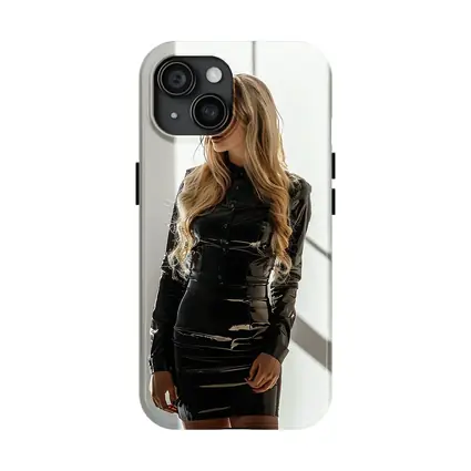 Blonde Woman Black Latex Dress White Studio