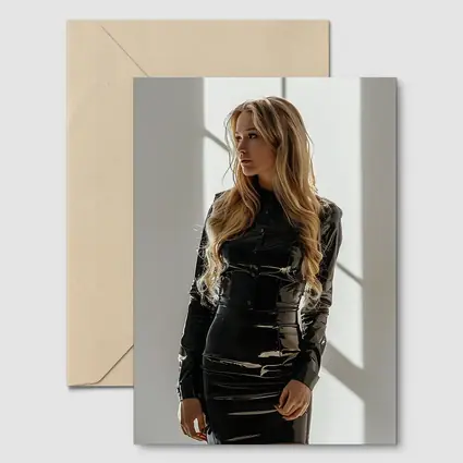 Blonde Woman Black Latex Dress White Studio
