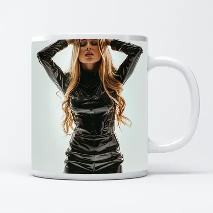 Blonde Woman Black Latex Dress White Background