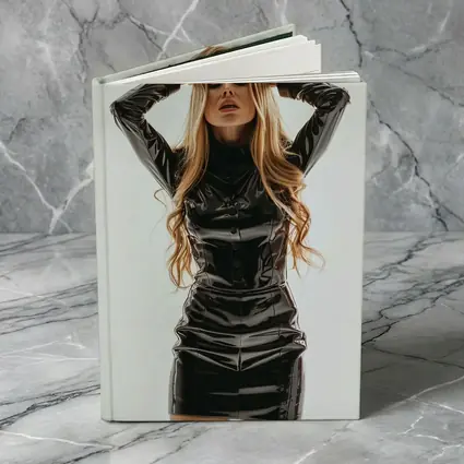 Blonde Woman Black Latex Dress White Background