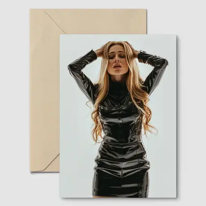 Blonde Woman Black Latex Dress White Background