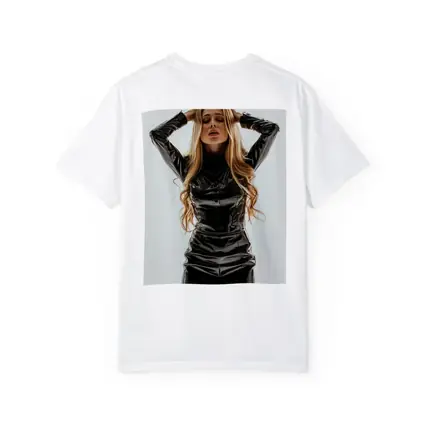 Blonde Woman Black Latex Dress White Background