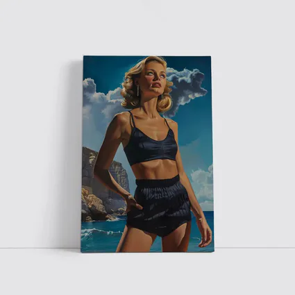Retro Woman Blonde Beach Coastal Painting Art