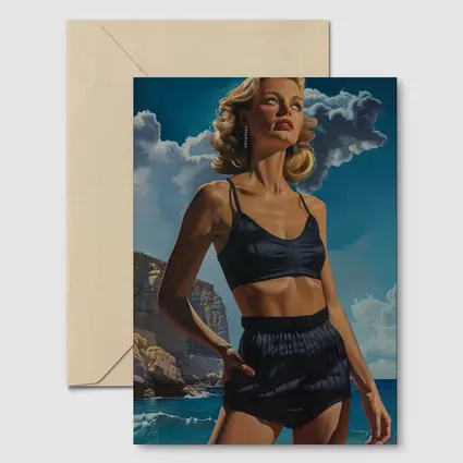 Retro Woman Blonde Beach Coastal Painting Art