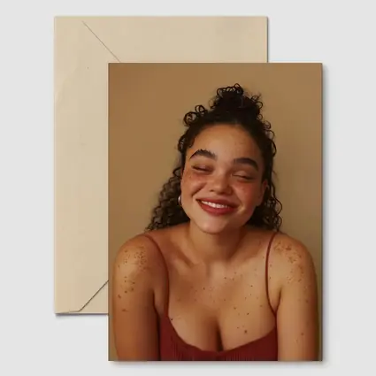 Smiling Young Woman Freckles Beige Background