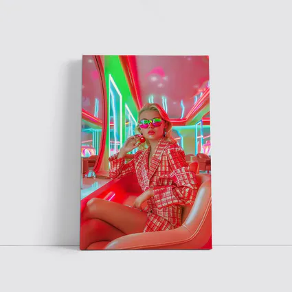 Blonde Woman Neon Interior Red Plaid Fashion