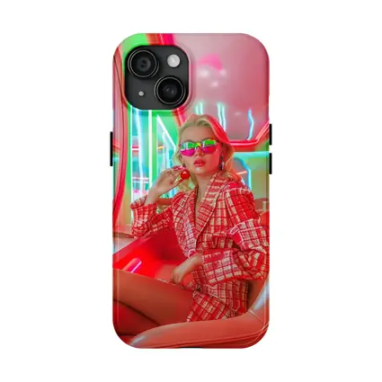 Blonde Woman Neon Interior Red Plaid Fashion