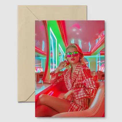 Blonde Woman Neon Interior Red Plaid Fashion