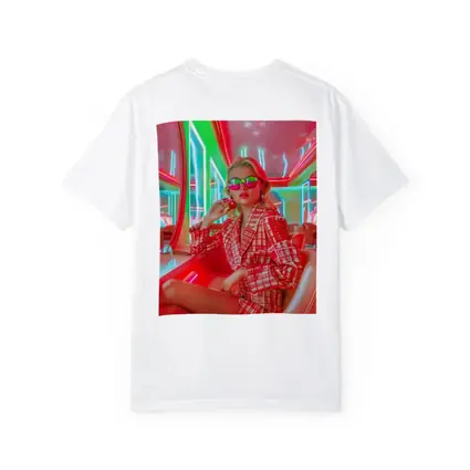 Blonde Woman Neon Interior Red Plaid Fashion