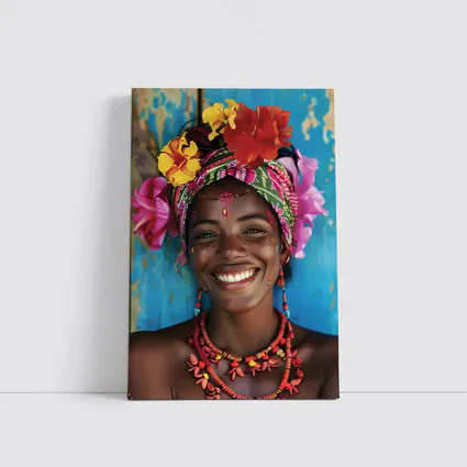 Smiling Woman Colorful Floral Headwrap Blue Background