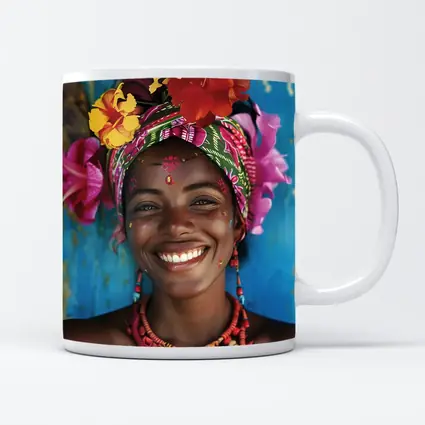 Smiling Woman Colorful Floral Headwrap Blue Background