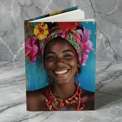 Smiling Woman Colorful Floral Headwrap Blue Background