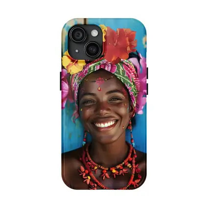 Smiling Woman Colorful Floral Headwrap Blue Background
