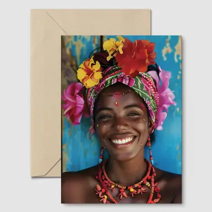 Smiling Woman Colorful Floral Headwrap Blue Background