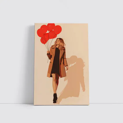 Woman Walking Red Balloons Minimal Fashion Art