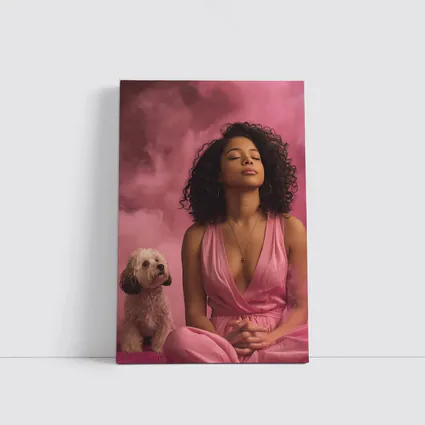 Woman Meditating With Fluffy Dog Pink Background