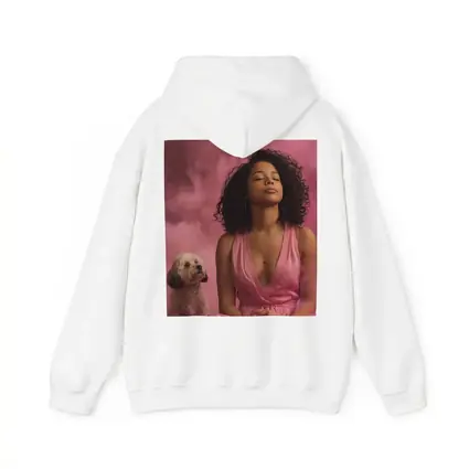 Woman Meditating With Fluffy Dog Pink Background