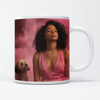 Woman Meditating With Fluffy Dog Pink Background