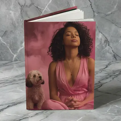 Woman Meditating With Fluffy Dog Pink Background