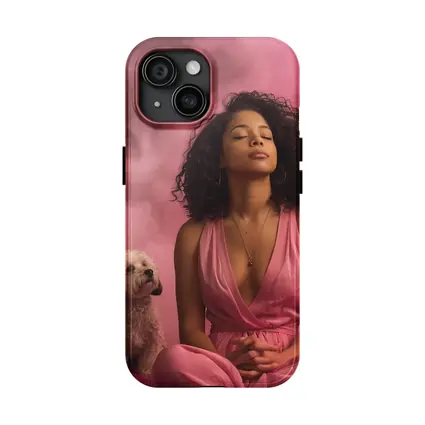 Woman Meditating With Fluffy Dog Pink Background