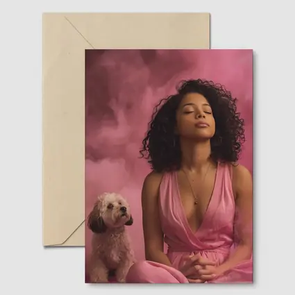 Woman Meditating With Fluffy Dog Pink Background