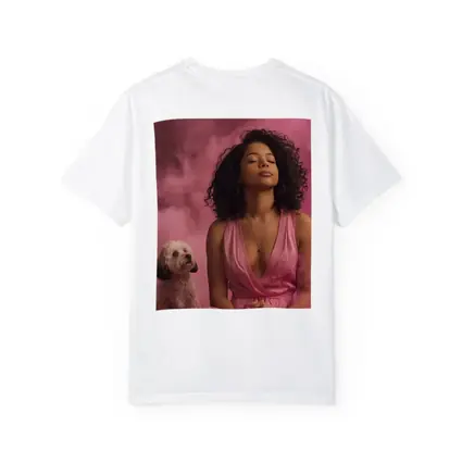 Woman Meditating With Fluffy Dog Pink Background