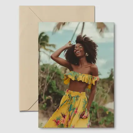 Woman Yellow Tropical Outfit Beach Palm Trees