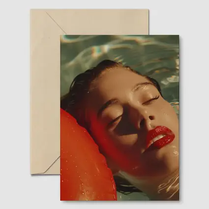 Woman Floating In Pool Red Lips