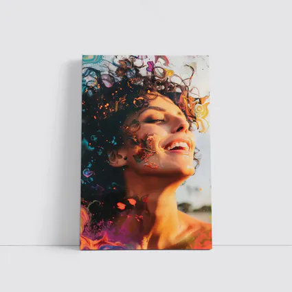Woman Smiling With Colorful Abstract Art Overlay