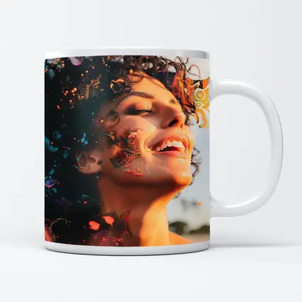 Woman Smiling With Colorful Abstract Art Overlay