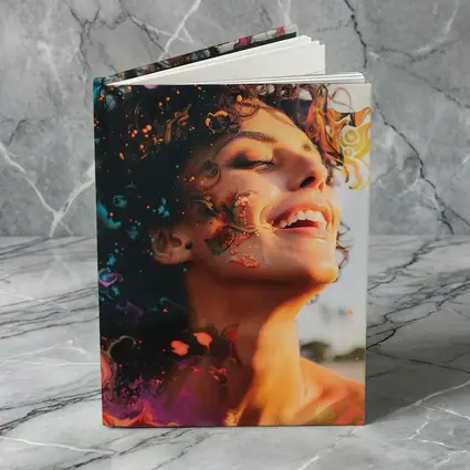 Woman Smiling With Colorful Abstract Art Overlay