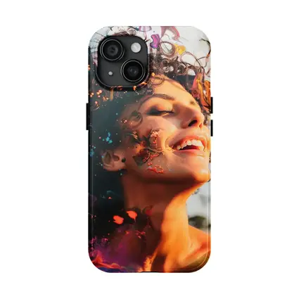 Woman Smiling With Colorful Abstract Art Overlay