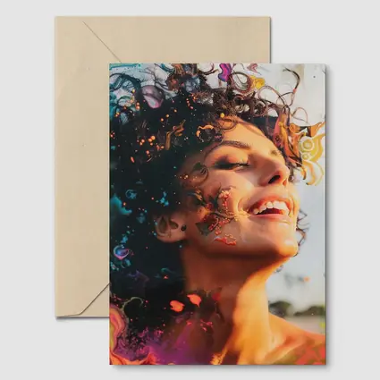 Woman Smiling With Colorful Abstract Art Overlay