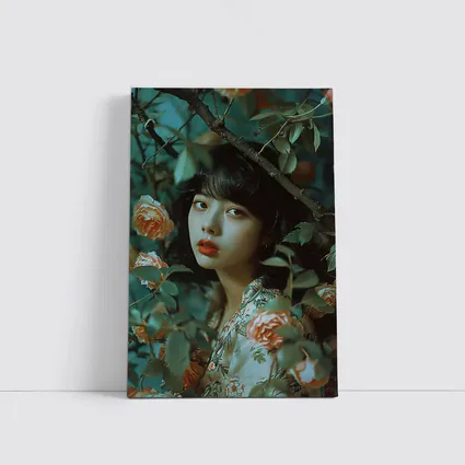 Asian Girl Portrait Among Orange Roses
