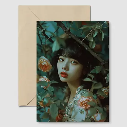 Asian Girl Portrait Among Orange Roses