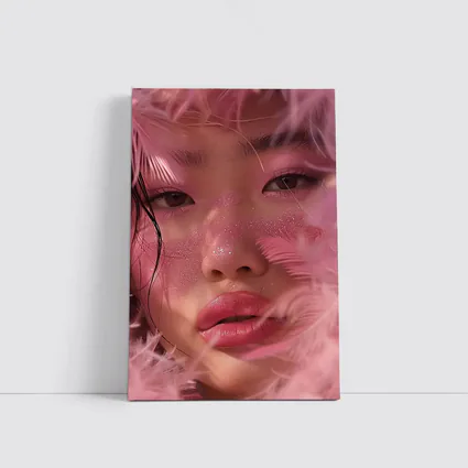 Asian Woman Pink Feathers Glitter Portrait