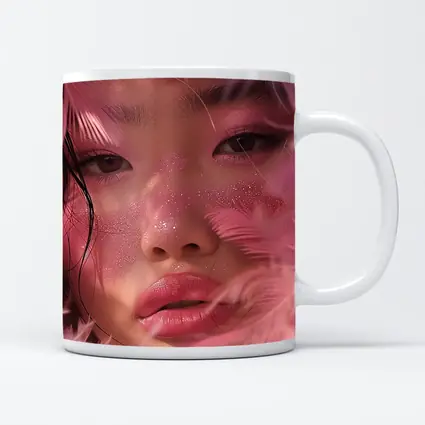 Asian Woman Pink Feathers Glitter Portrait