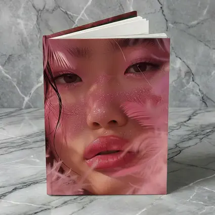 Asian Woman Pink Feathers Glitter Portrait