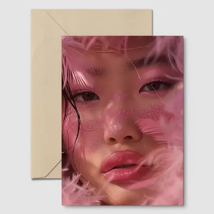 Asian Woman Pink Feathers Glitter Portrait