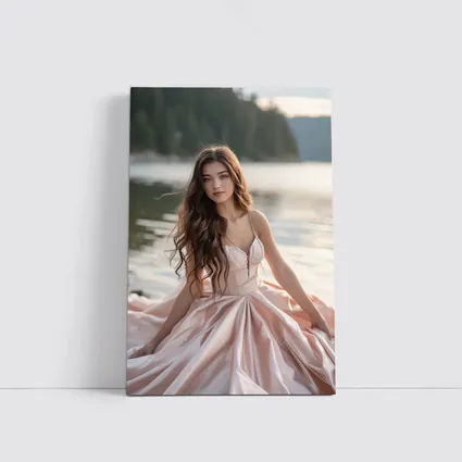 Young Woman Pink Dress Lakeside Forest