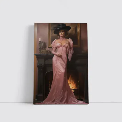 Victorian Woman Pink Gown Fireplace Interior