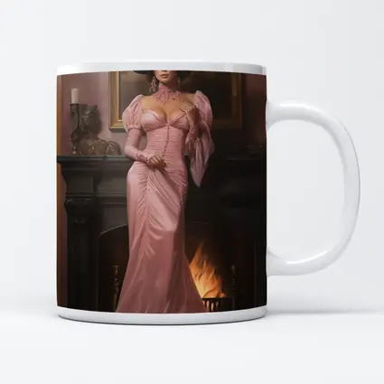Victorian Woman Pink Gown Fireplace Interior