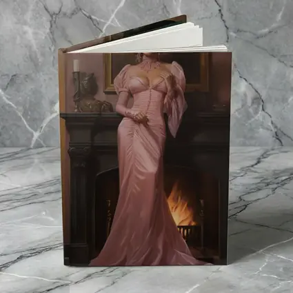 Victorian Woman Pink Gown Fireplace Interior