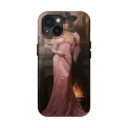 Victorian Woman Pink Gown Fireplace Interior