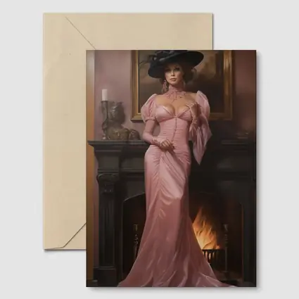 Victorian Woman Pink Gown Fireplace Interior