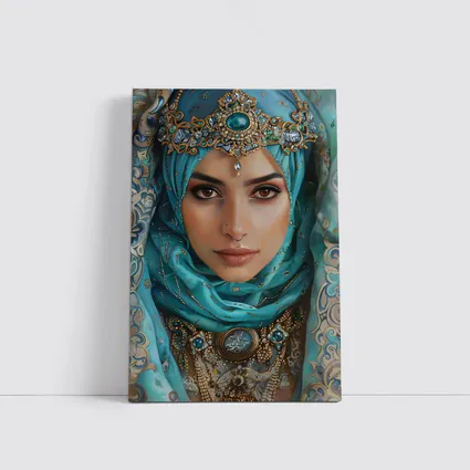 Arabian Woman Portrait Teal Hijab Gold Jewelry