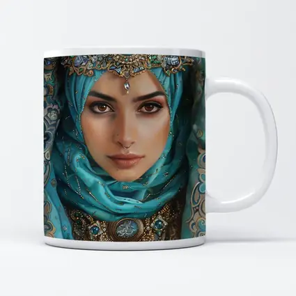 Arabian Woman Portrait Teal Hijab Gold Jewelry