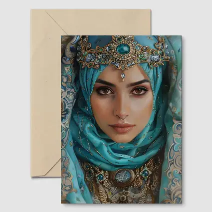 Arabian Woman Portrait Teal Hijab Gold Jewelry
